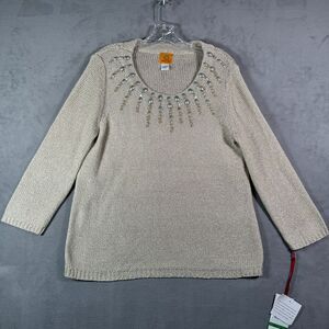Ruby Rd. Womens Sweater L Beige Metallic Embellished Sequin Long Sleeve Knit NEW